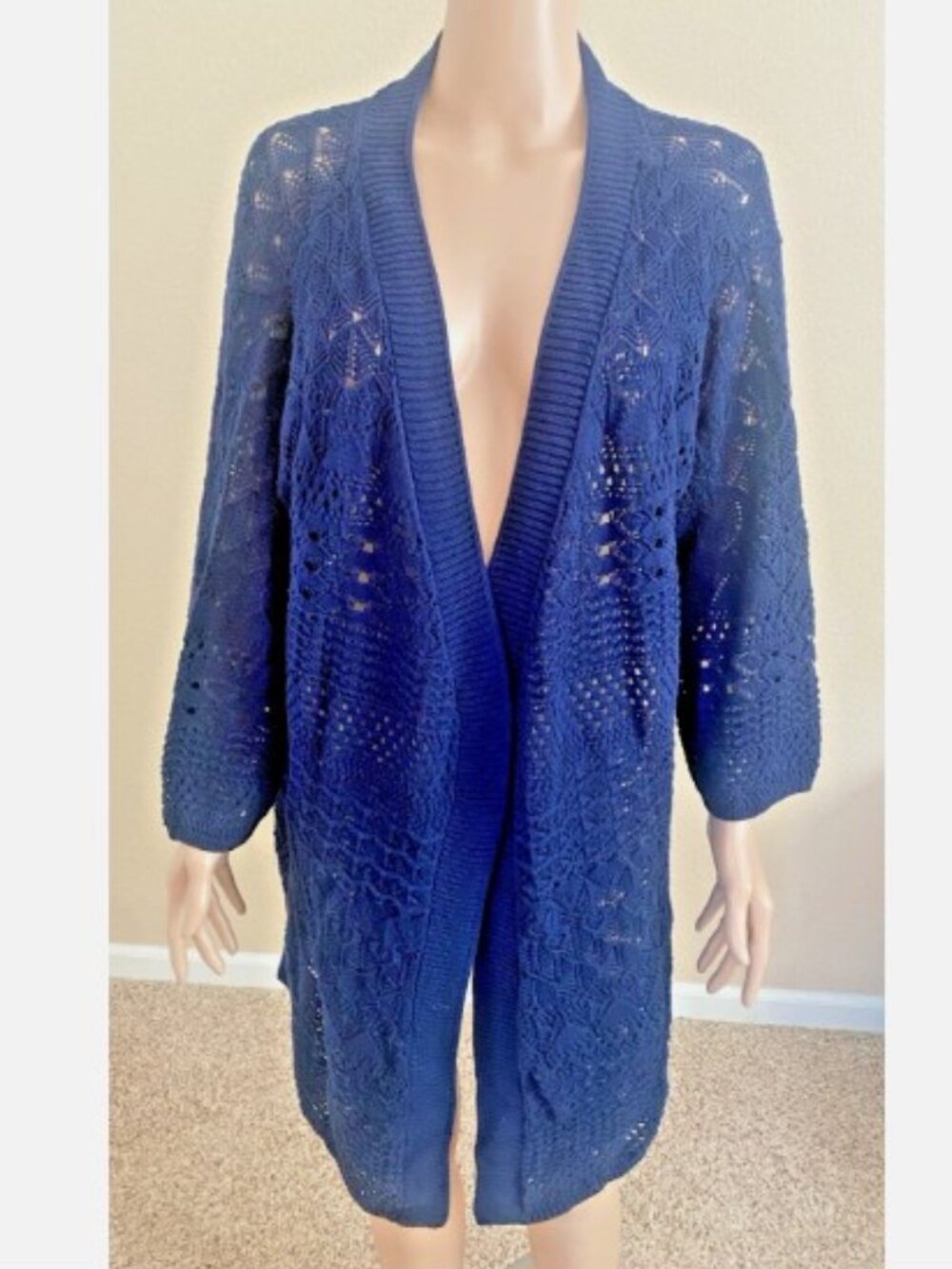NWT ULLA POPKEN Navy Blue Crochet Knit Open Front Cardigan Sweater Top 20/22